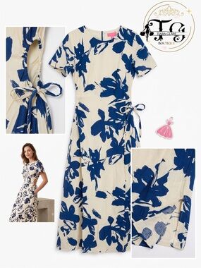 Blue Floral Tie-Waist Short Sleeve Dress - Cream & Navy